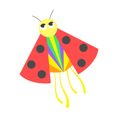 Flying kite with tales, ribbons and ornaments. Toy, wind, festival concept. Wind kite. Cartoon vector illustration