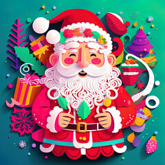 Obraz na płótnie Canvas Christmas realistic 3d papercut Santa Claus. Modern colourful paper craft art concept. Cut-out Santa Claus background wallpaper