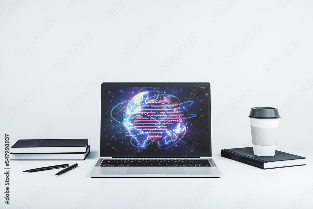 Poster Abstract digital world map with connections on modern computer monitor, big data and blockchain concept. 3D Rendering