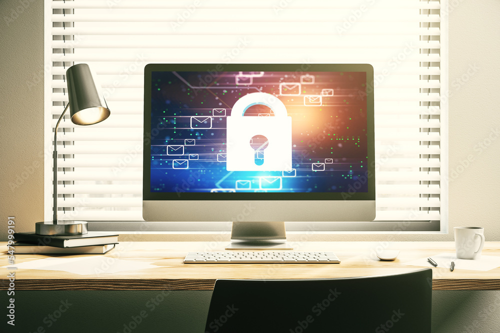 Poster creative light lock illustration with postal envelopes on modern computer monitor, cyber security an