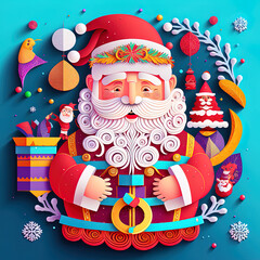 Christmas realistic 3d papercut Santa Claus. Modern colourful paper craft art concept. Cut-out Santa Claus background wallpaper