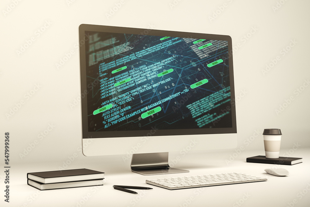 Poster abstract creative coding concept on modern laptop screen. 3d rendering