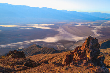 Dante's View at Death Valley National Park, Salt Flats in Badwater Basin, sunset over the mountains, in California, USA