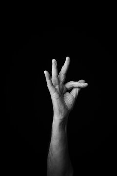 Hand demonstrating the French sign language letter 'F' with copy space