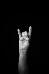 Hand demonstrating the French sign language letter 'H' with copy space