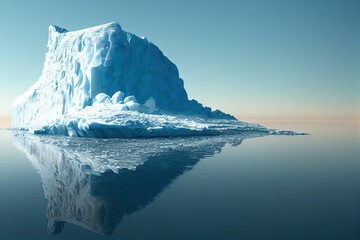 huge iceberg reflecting in the calm blue ocean during sunrise or sunset on a beautiful sunny day, generative ai