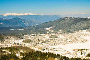 Aerial view of Bakuriani village, winter resort in Georgia. Scenic panorama from top ski resort viewpoint