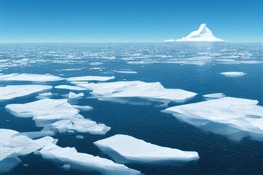 huge peak iceberg in polar regions surrounded by many smaller floating ice pieces on a beautiful sunny day, generative ai