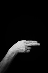 Hand demonstrating the French sign language letter 'N' with copy space
