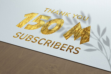 150 Million subscribers celebration greeting banner with Golden Paper Design