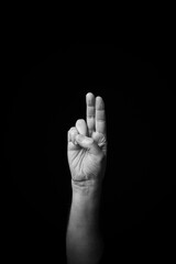 Hand demonstrating the French sign language letter 'U' with copy space