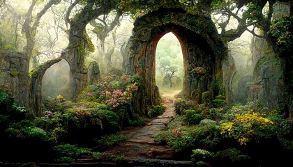 Spectacular natural scene with a portal archway covered in forest. In the fantasy world, ancient magical stone gate show another dimension. Digital art . - obrazy, fototapety, plakaty