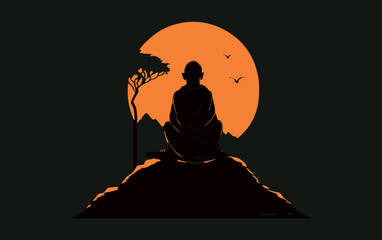 Monk meditating. Vector art of meditation. Buddhism religion Tradition buddha culture. Religious prayer. Achieving calm and nirvana. Zen character in lotus pose sitting down. Wisdom of tibet. Logo