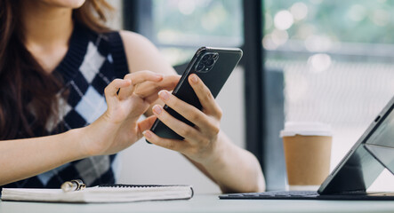 Business team present. professional investor working new start up project. Finance managers meeting.Digital tablet docking screen computer design smart phone using, in morning light