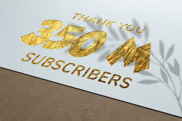 350 Million  subscribers celebration greeting banner with Golden Paper Design