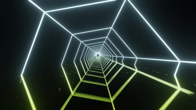 Hexagonal construction with neon glowing lines and reflections on the floor. Sci fi geometric tunnel. Moving forward 3d animated futuristic corridor concept