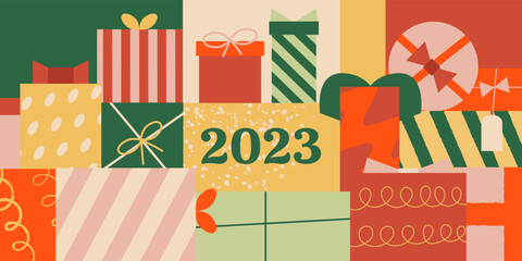 Christmas and new year greeting card with various abstract geometric gift boxes and 2023 text. Horizontal holiday banner. Vector flat illustration