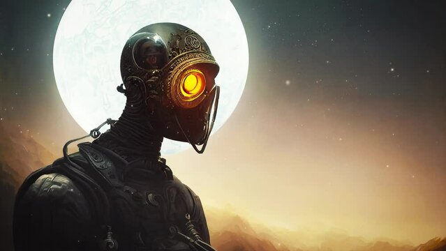 Mysterious dramatic steampunk space suit with helmet, modern and realist cg 3D rendering. Dramatic explorer illustration, contrasting color. Loop Animation