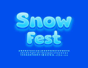 Vector creative banner Snow Fest. Blue glowing Font. Modern Alphabet Letters and Numbers set.