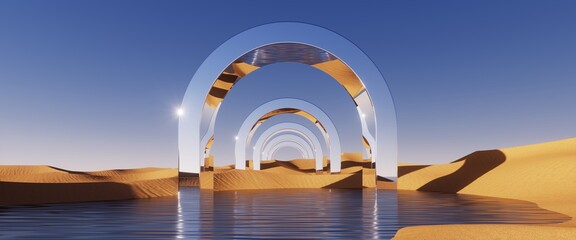 3d rendering. Abstract surreal background. Desert landscape with sand dunes, water and mirror arches, under the clear blue sky. Panoramic wallpaper with chrome metallic arcade