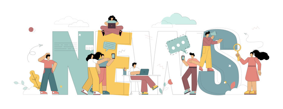 News concept. Flat people collect news from different media. Vector illustration isolated on white background.