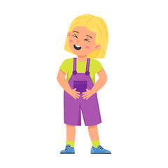 Girl child laughing and holding hands on his stomach cartoon vector. Small little kids face expression. Schoolgirl children moods. Expressive for emotions or feelings concept