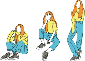 long hair model girl and body pose line art