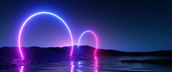 3d render, abstract background with glowing neon rings in the water, geometric shapes and seascape, terrain panoramic view, fantastic virtual reality wallpaper