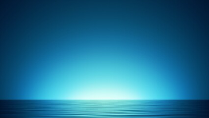 3d render, abstract seascape background with calm water and bright glow, blue simple wallpaper