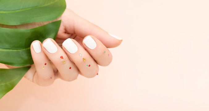 Female hand with white nail design. Glitter white nail polish manicure. Female model hand with green tropical leaf.