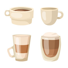 Glasses and mugs with hot coffee vector illustrations set. Collection of cartoon drawings of transparent cups and ceramic mugs on white background. Beverage, morning, breakfast, coffee shop concept