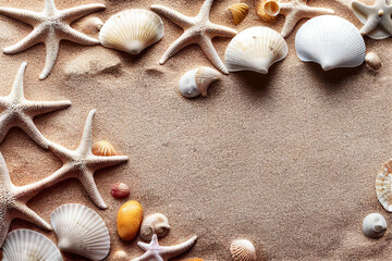 Fototapeta na wymiar Sandy beach with shells and starfish illustration