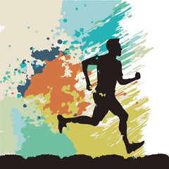 Running vector art. Artwork of silhouette of man running a marathon. Splash of paint. Poster of good health. Healthy lifestyle. Isolate jogger. Creative logo of person staying in shape doing activity