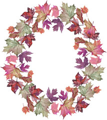 Fall illustration, colorful watercolor leaves wreath , border. Golden, brown, orange leaves and berries, pumpkins, border for Thanksgiving  cards, posters. PNG on transparent background. 