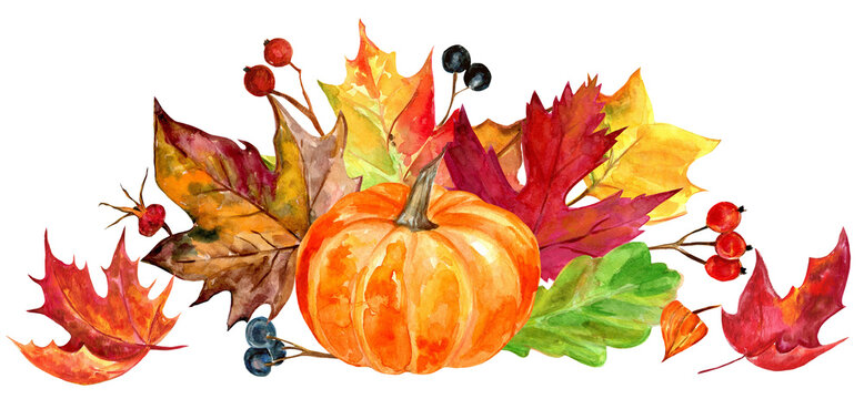Fall illustration, colorful watercolor leaves border , golden, brown, orange leaves and berries, pumpkins, border for Thanksgiving  cards, posters. PNG on transparent background. 