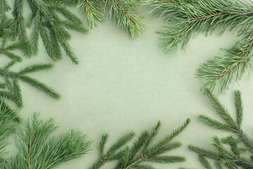 Frame made with spruce and pine natural branches on green background. Copy space, Top view, Flat lay
