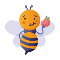 Bee student eats apple at school break. Back to school. Vector illustration of smart bee student. Education concept