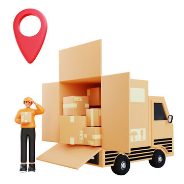 3d render orange courier standing with truck package delivery vehicle