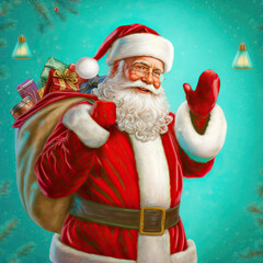 Vintage Santa Claus in vintage postcard style on blue and green background.