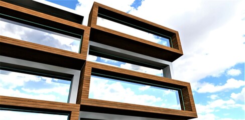 Contemporary balconies finished with facade board against the blue sky. Good banner for modern apartment advertisment. 3d rendering.