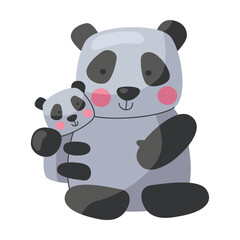 Animal panda mom and baby, cute cartoon family. Vector illustration of animal happy parent and small child. Motherhood concept