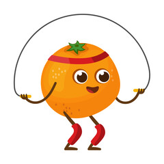 Funny orange fruit character doing yoga. Kawaii comic fruit having workout. Cartoon vector illustration. Food, body wellness, gym sport concept