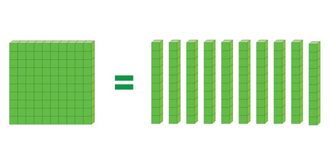 Ten rod blocks equal one flat block. Flat is made of ten rods. Vector illustration.