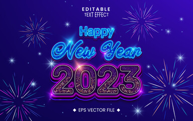Happy new year 2023 editable neon text effect with colorful halftone sparkles, fireworks, stars