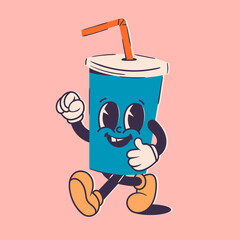 Paper cup for drinks with a straw. Fast food cup. Soft soda drink. Cute cartoon character with hands, legs, eyes. Retro comic style. Hand drawn isolated Vector illustration. Print, logo template