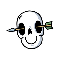 Creative funny skull with arrow in eye, sticker for tattoo design. Cartoon cute dead skeleton head for colorful graffiti and skate sticker isolated vector illustration