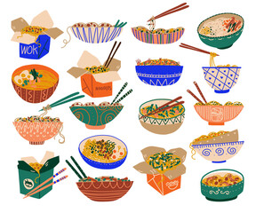 Wok noodles set. Take away boxes and bowls with various ingredients and chopsticks cartoon vector illustration