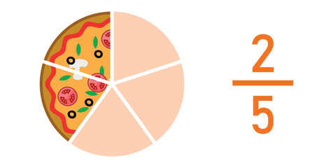 Two fifths pizza fractions. Fraction for kids. Pizza slices. Fraction fun with pizza. vector illustration isolated on white background.