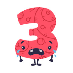 3 cute funny number character with funny face. Three comic childish bright colorful numeral, math symbol cartoon vector illustration