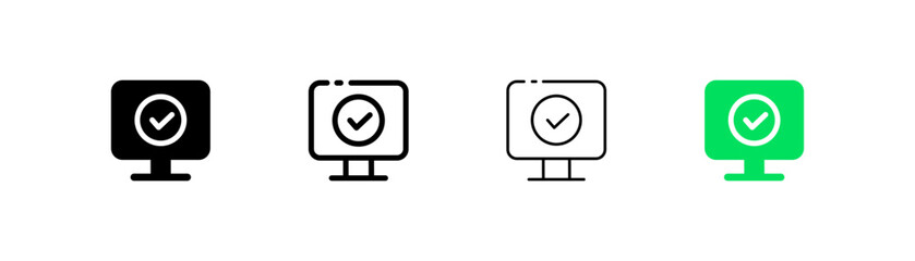 Monitor with tick set icon. Computer with tick and cross, success, failure. Approved, confirmed, rejected, canceled concept. Four vector icon in different styles on a white background